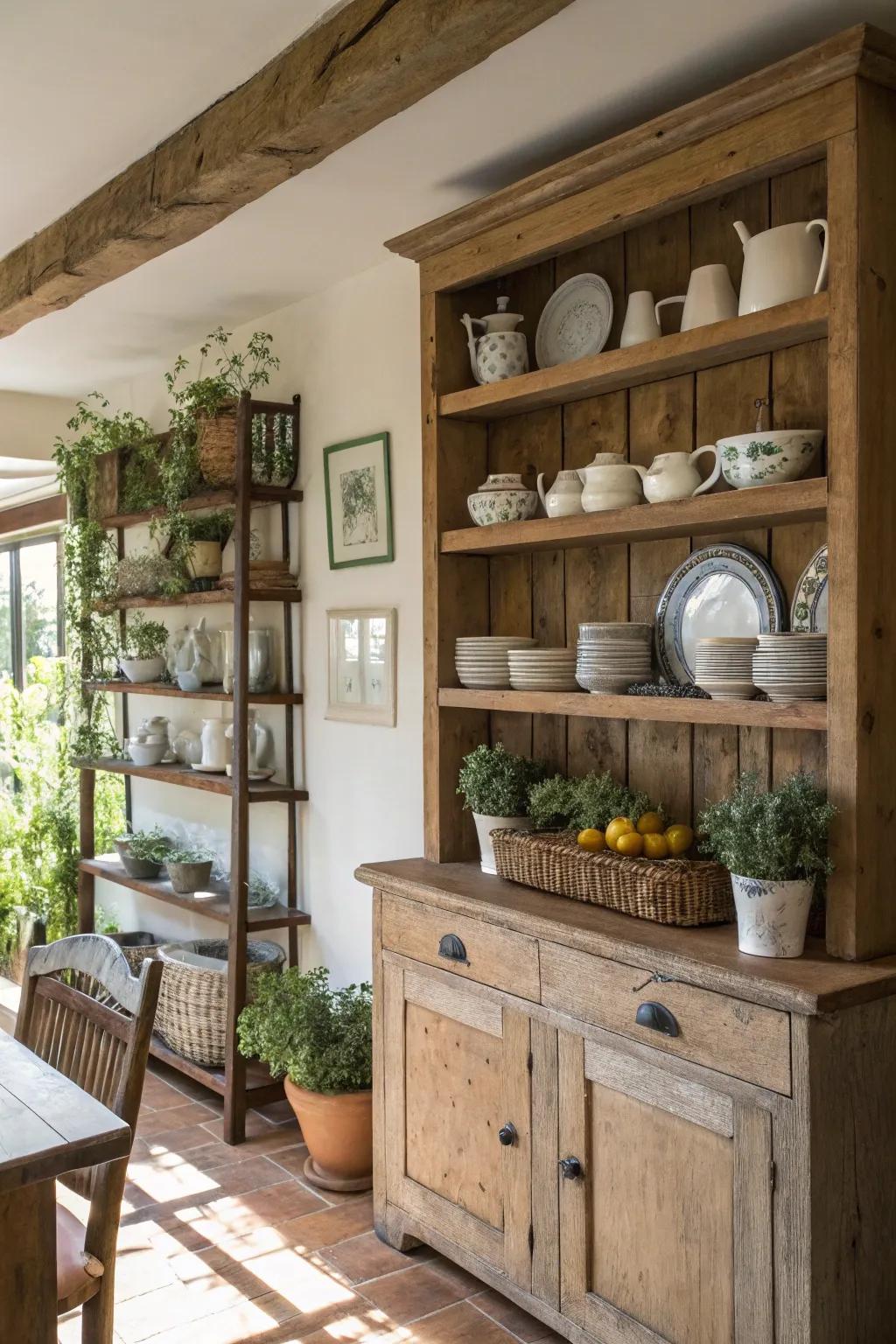Earthen timber shelves contribute an element of farmhouse charm to the dining space.