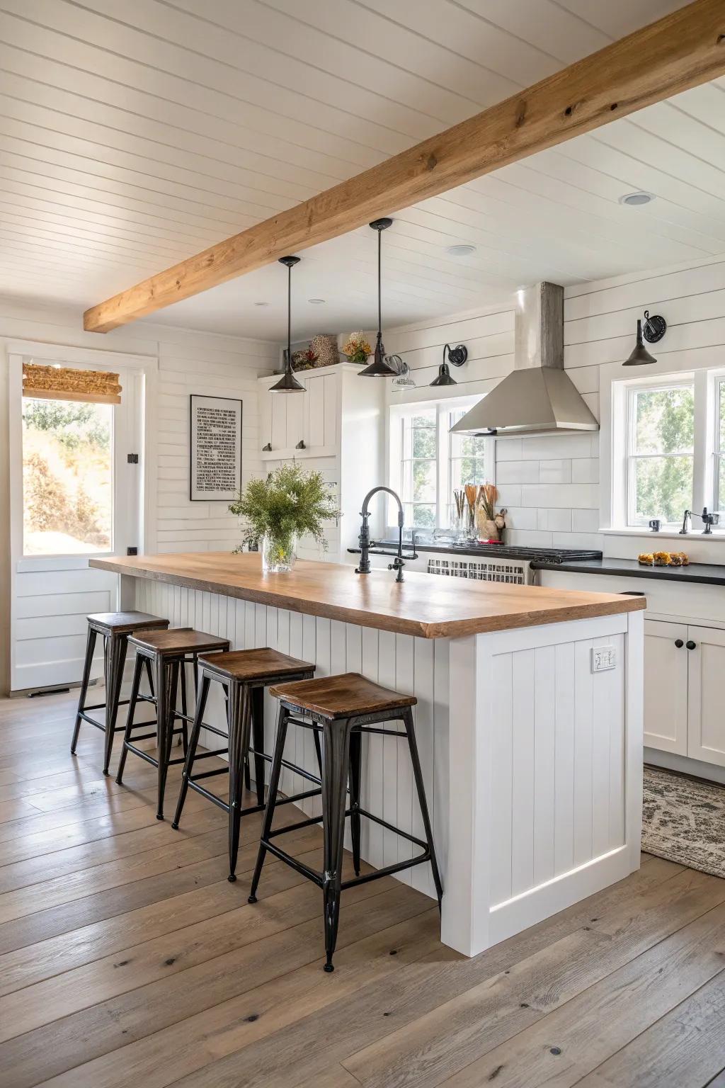 A radiant white shiplap island, complemented by wooden countertops, introduces a cozy element.