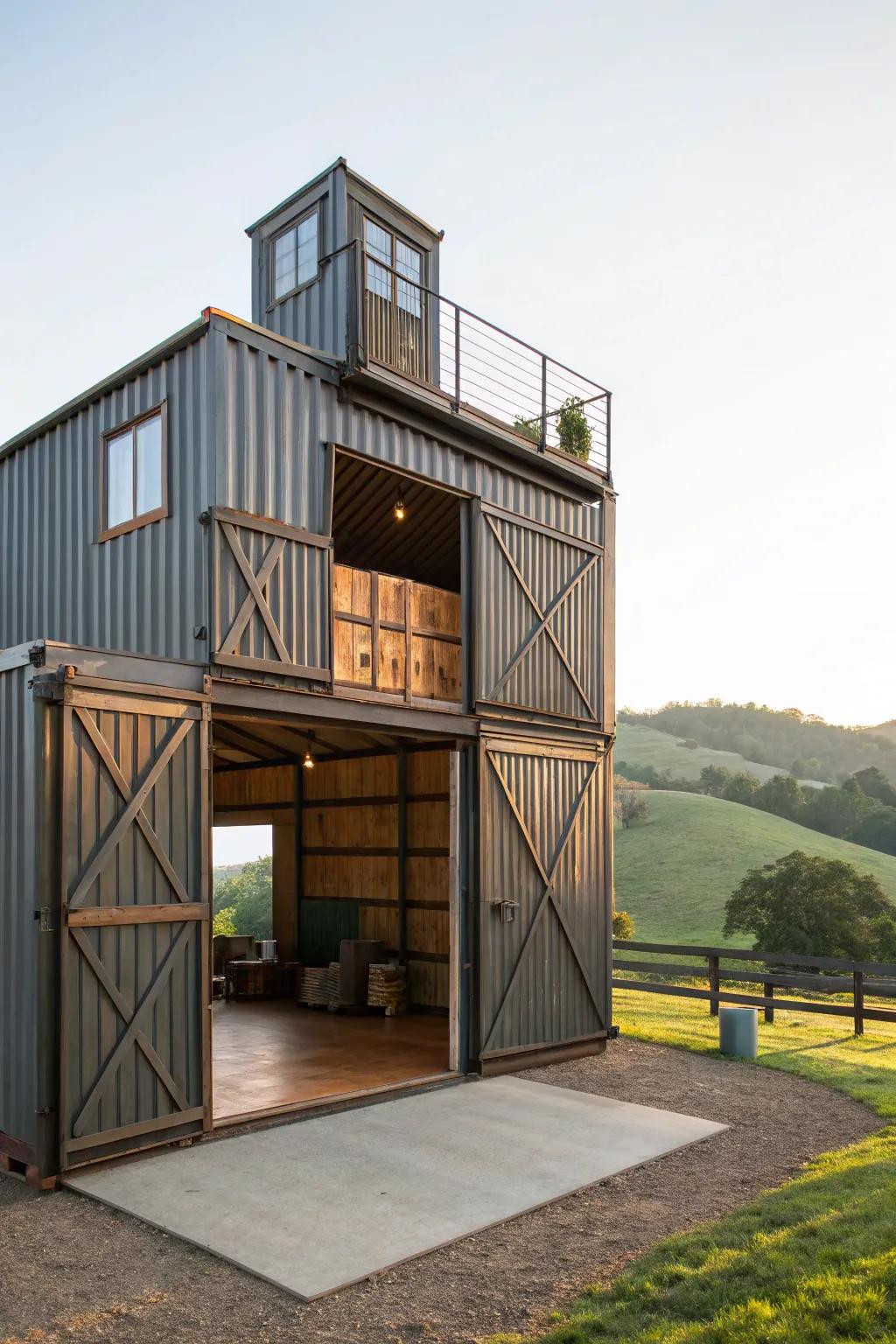 A multi-storied metal box barn emphasizing the modular design philosophy.