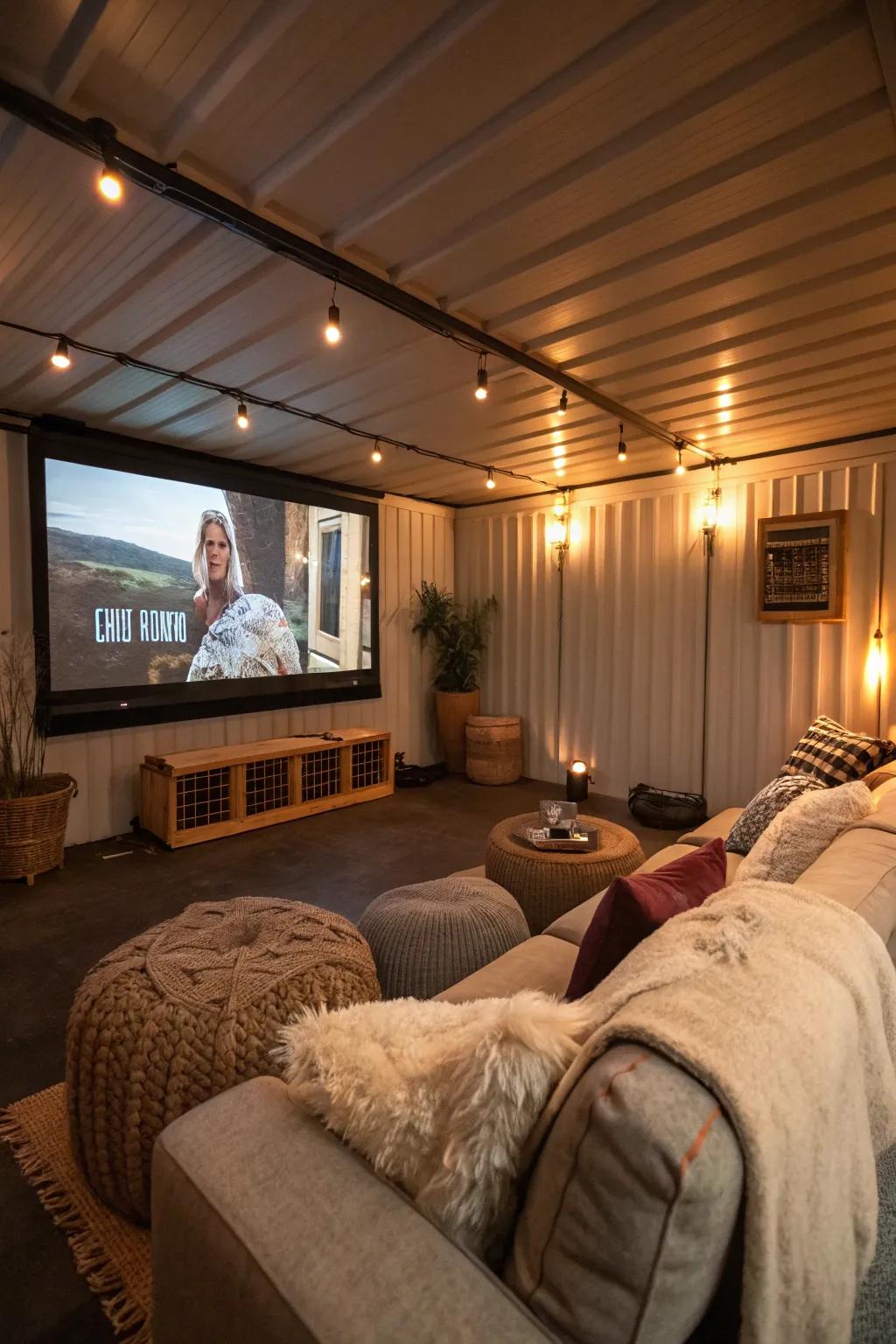 A welcoming personal den interior perfectly suited for watching movies.