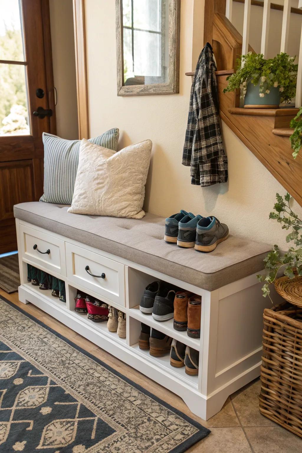 A versatile bench cabinet offering both storage and a place to sit.