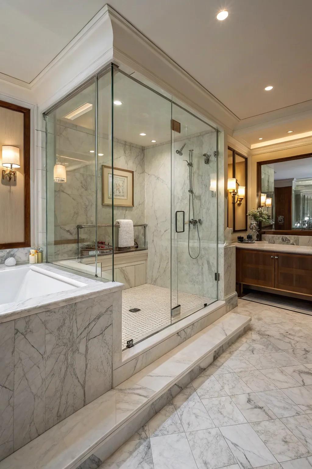 Marble shower curbs impart a sense of refinement and coherence to any bathroom aesthetic.