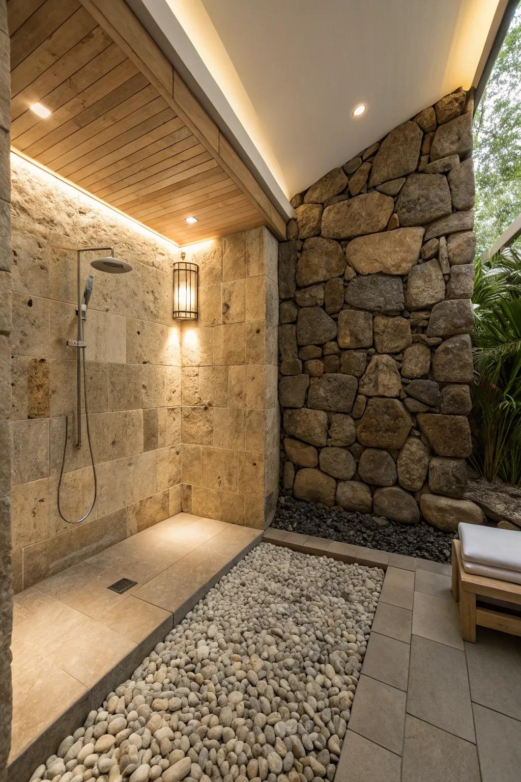 Craft a tranquil, spa-like ambiance using the natural textures of pebble flooring.