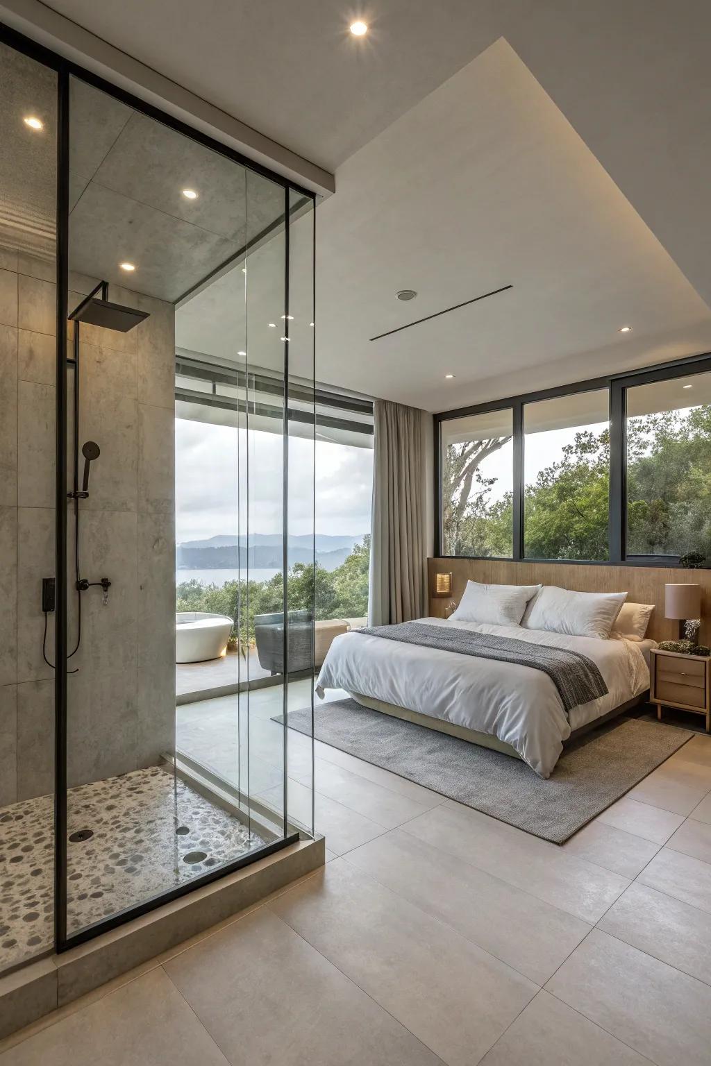 Borderless shower design inside a bedroom, delivering a smooth and spacious ambiance.