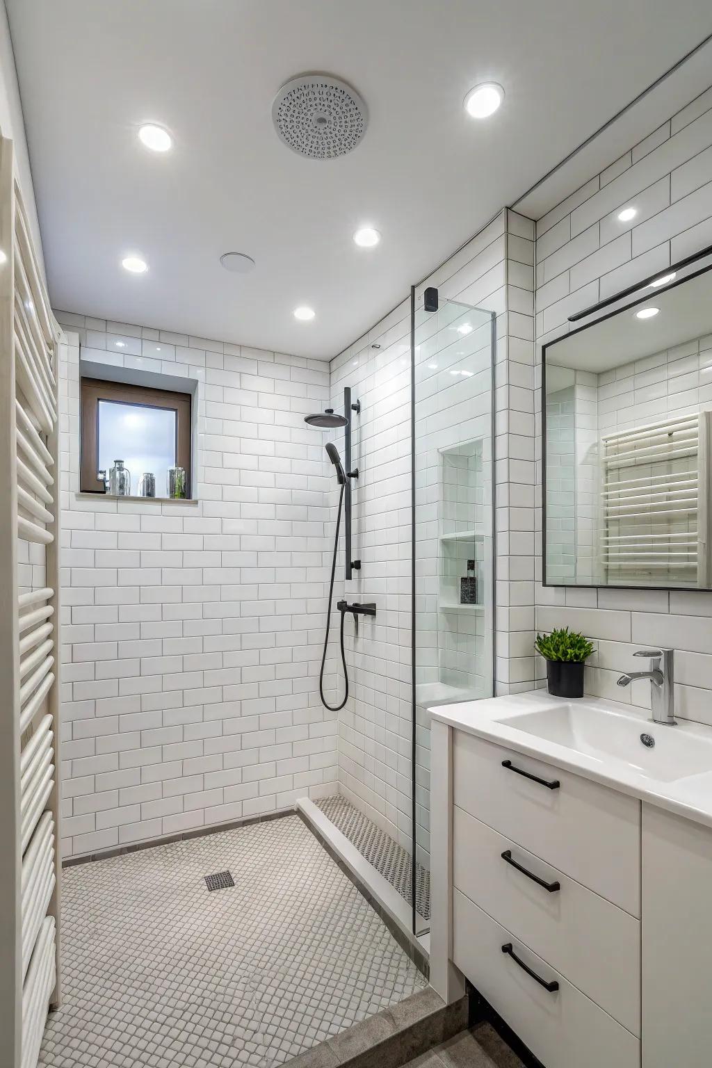 Recessed lights impart a pristine, contemporary feel to your shower area.