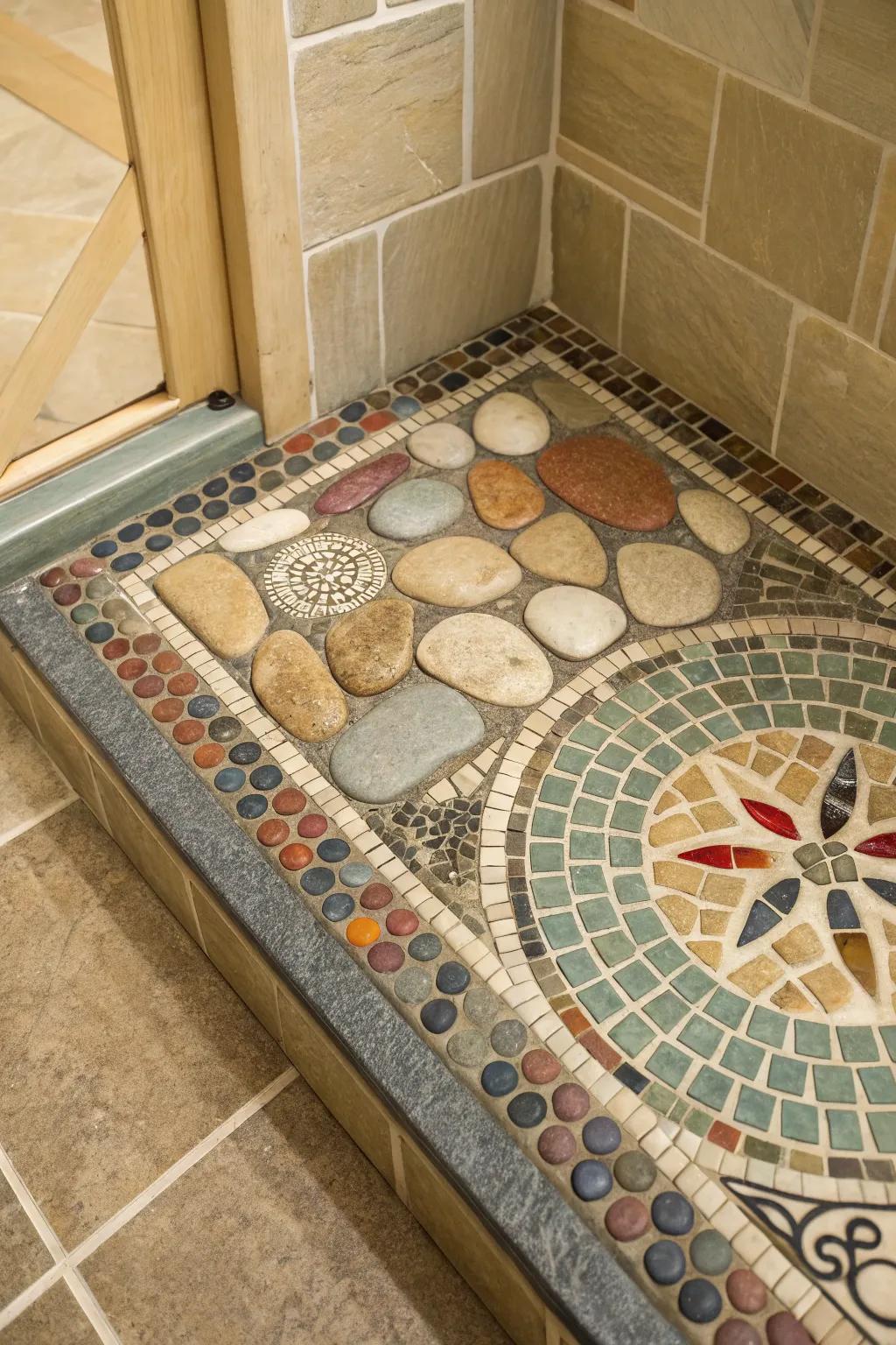 A shower base displaying a combination of tiny and shingle tiles, providing a natural and textural element.