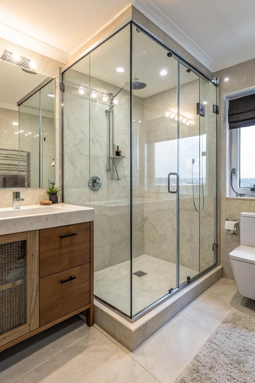 A streamlined shower stall encased in glass, amplifying the bathroom's sense of space.