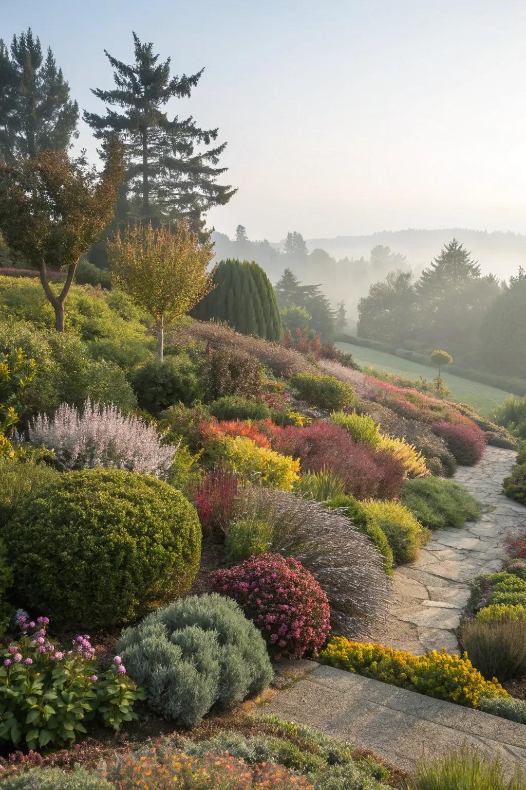 A garden demonstrating the method of tiered planting incorporating diverse heights and hues of bushes.