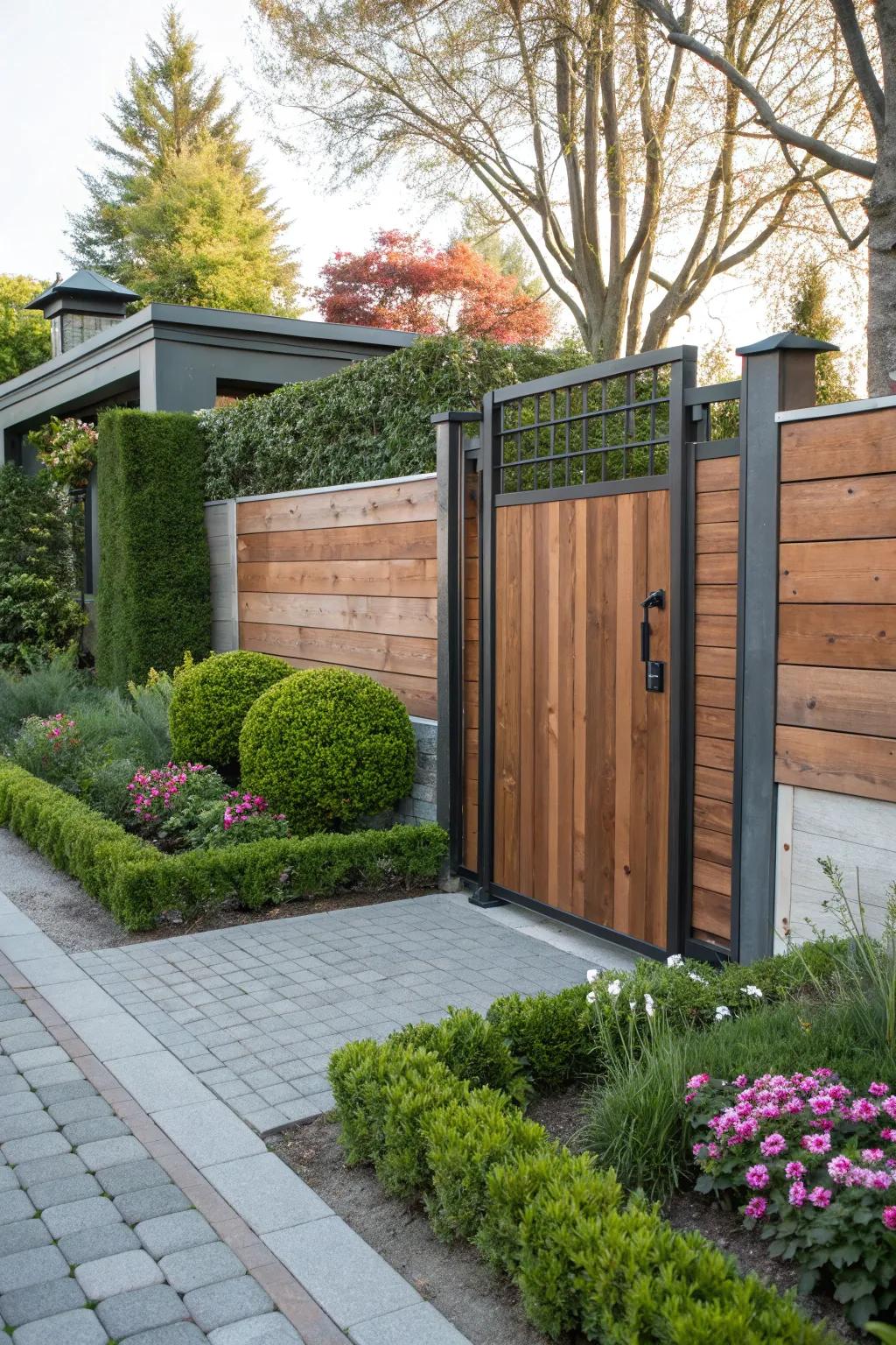 A side gate that beautifully integrates wood and metal for a streamlined appearance.