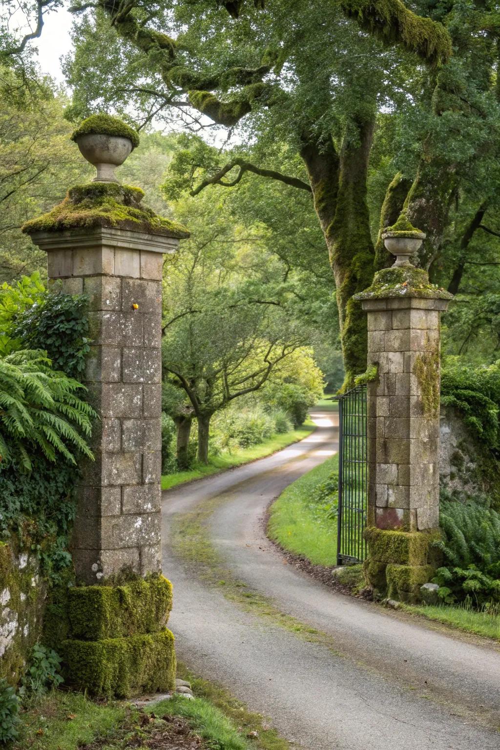 Stone pillars highlight the rustic elegance of a countryside driveway.