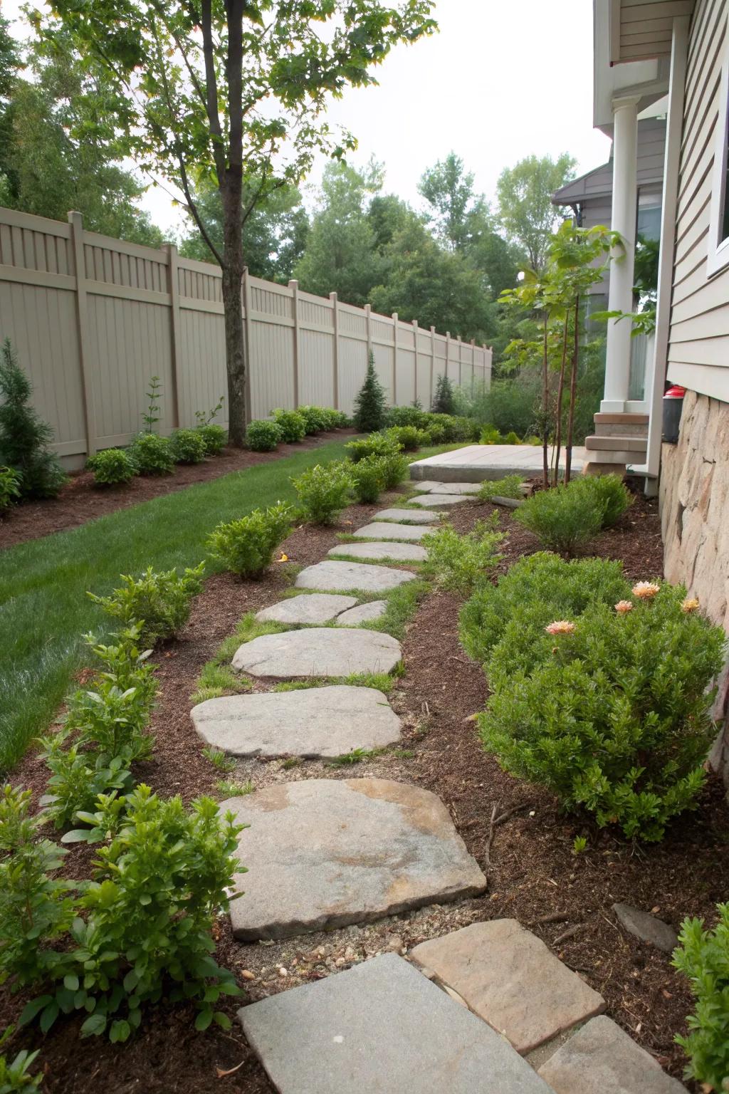 A basic stone pathway morphs the side of this dwelling into a delightful passage.