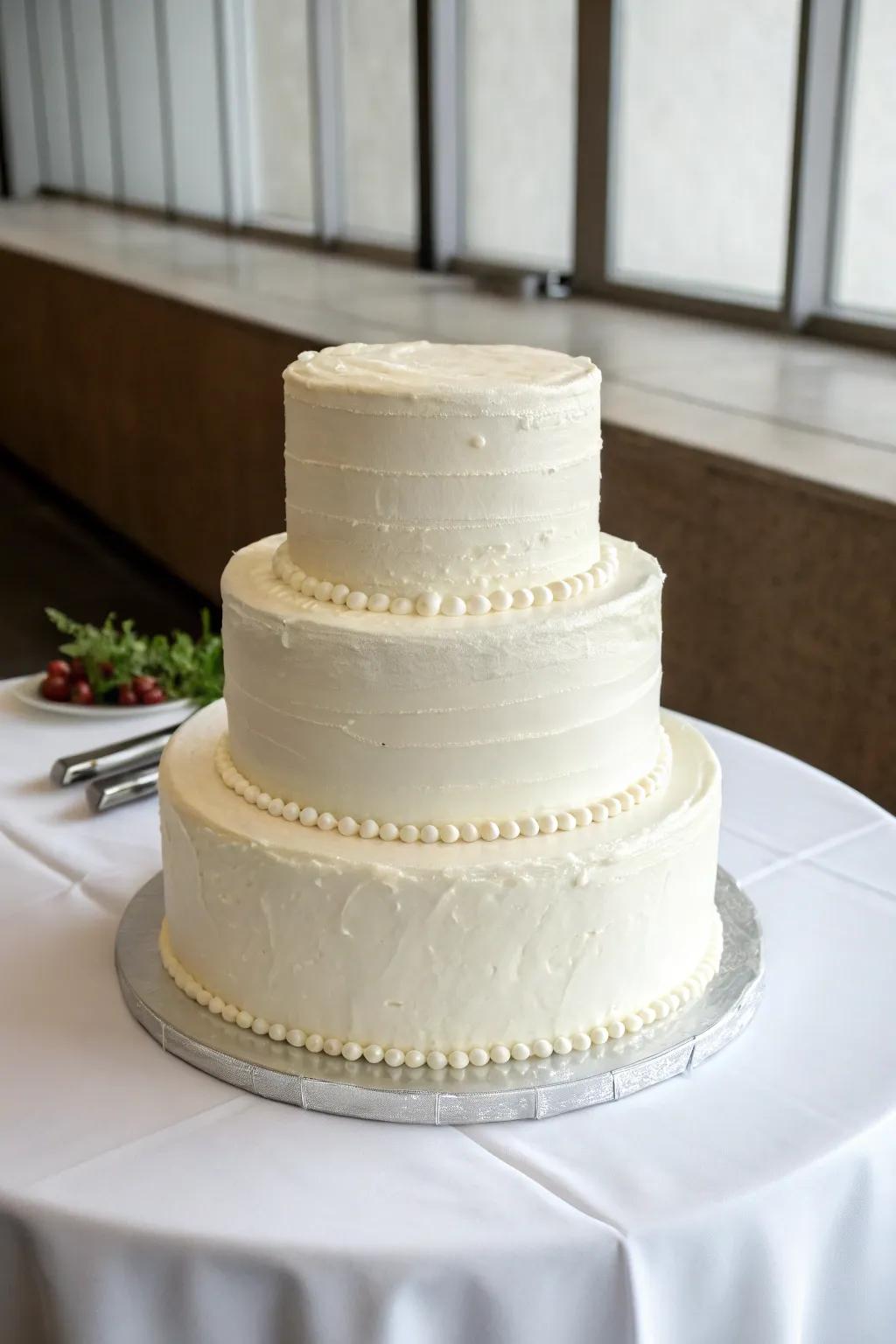 A minimalistic wedding cake that enhances the occasion without overshadowing it.