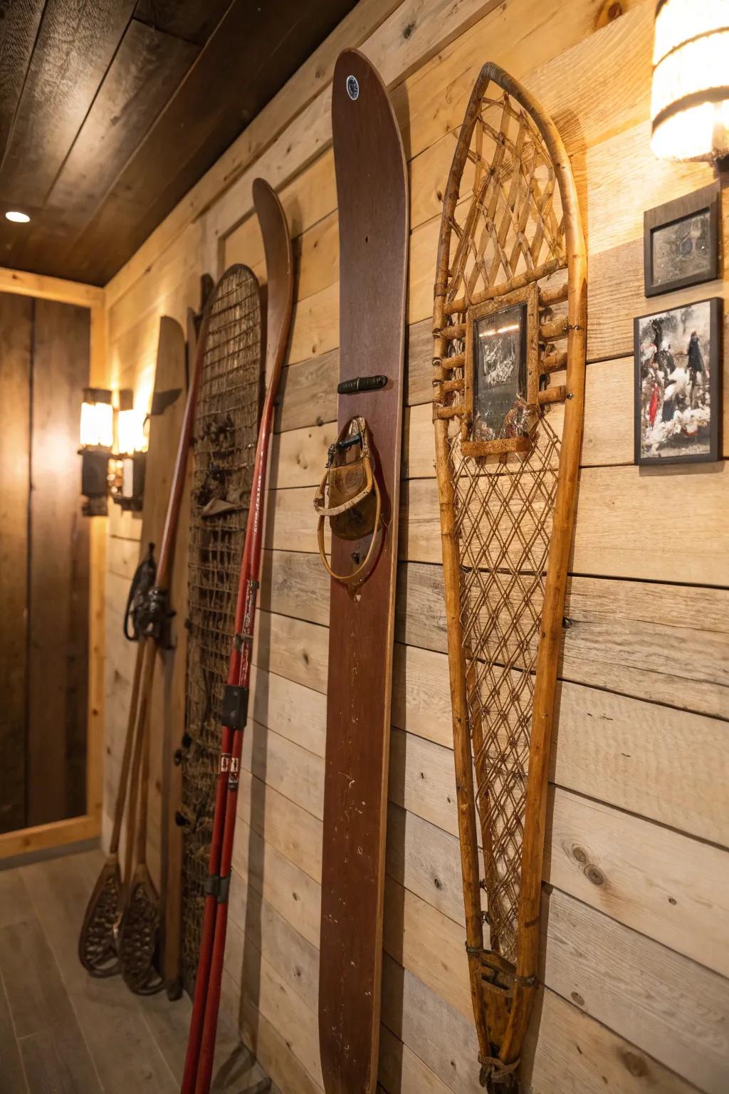 Craft a striking feature wall with vintage ski items, adding a nostalgic charm.