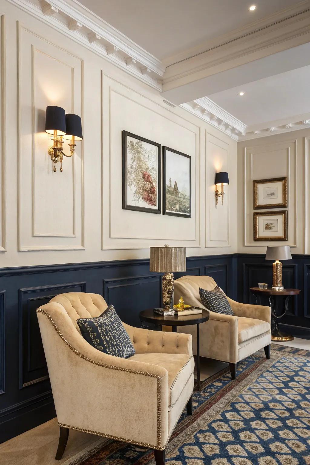 Skirting boards in deep navy present a striking contrast against cream-colored walls.
