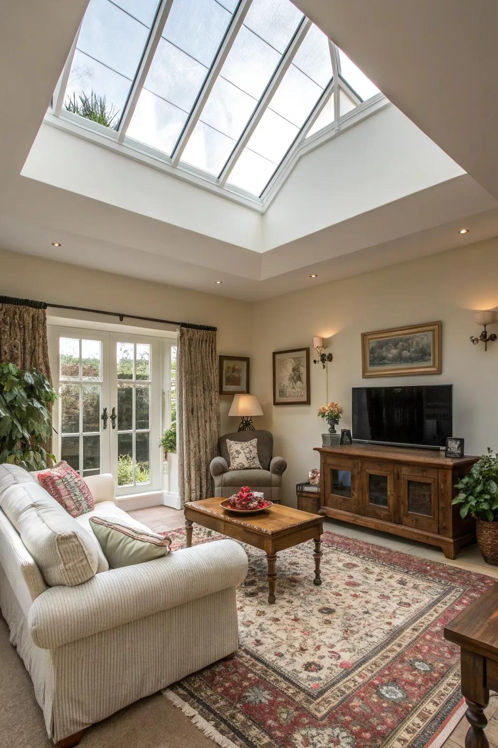 A welcoming living room brilliantly lit by a generous skylight.