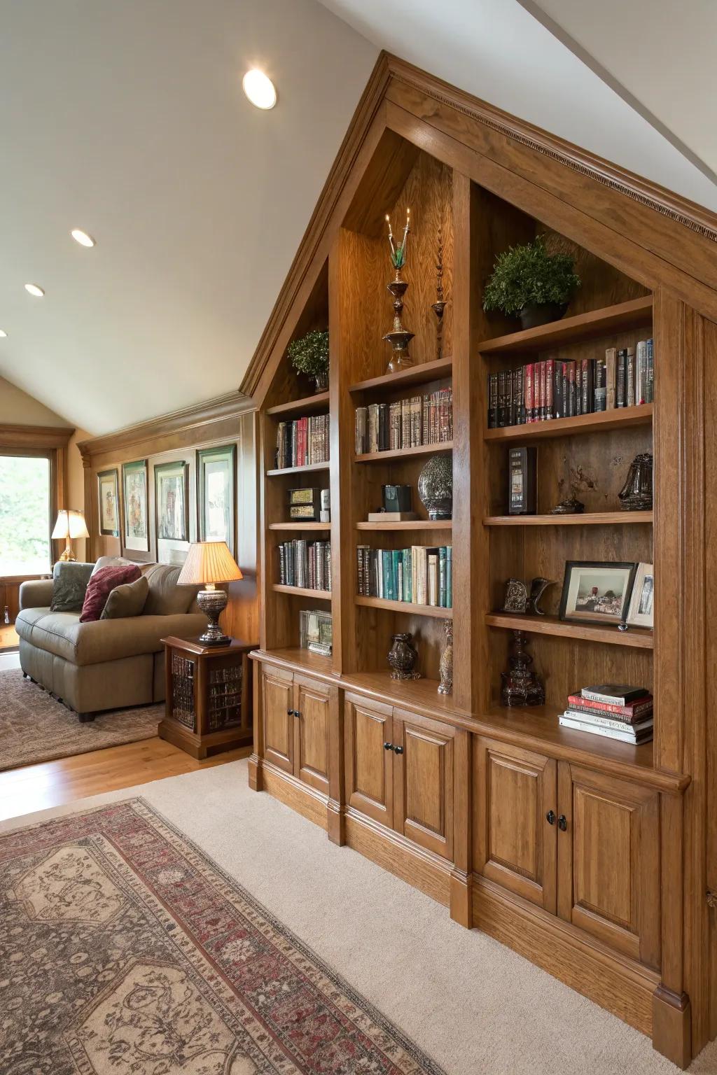 Customized shelving fits perfectly into angled walls.