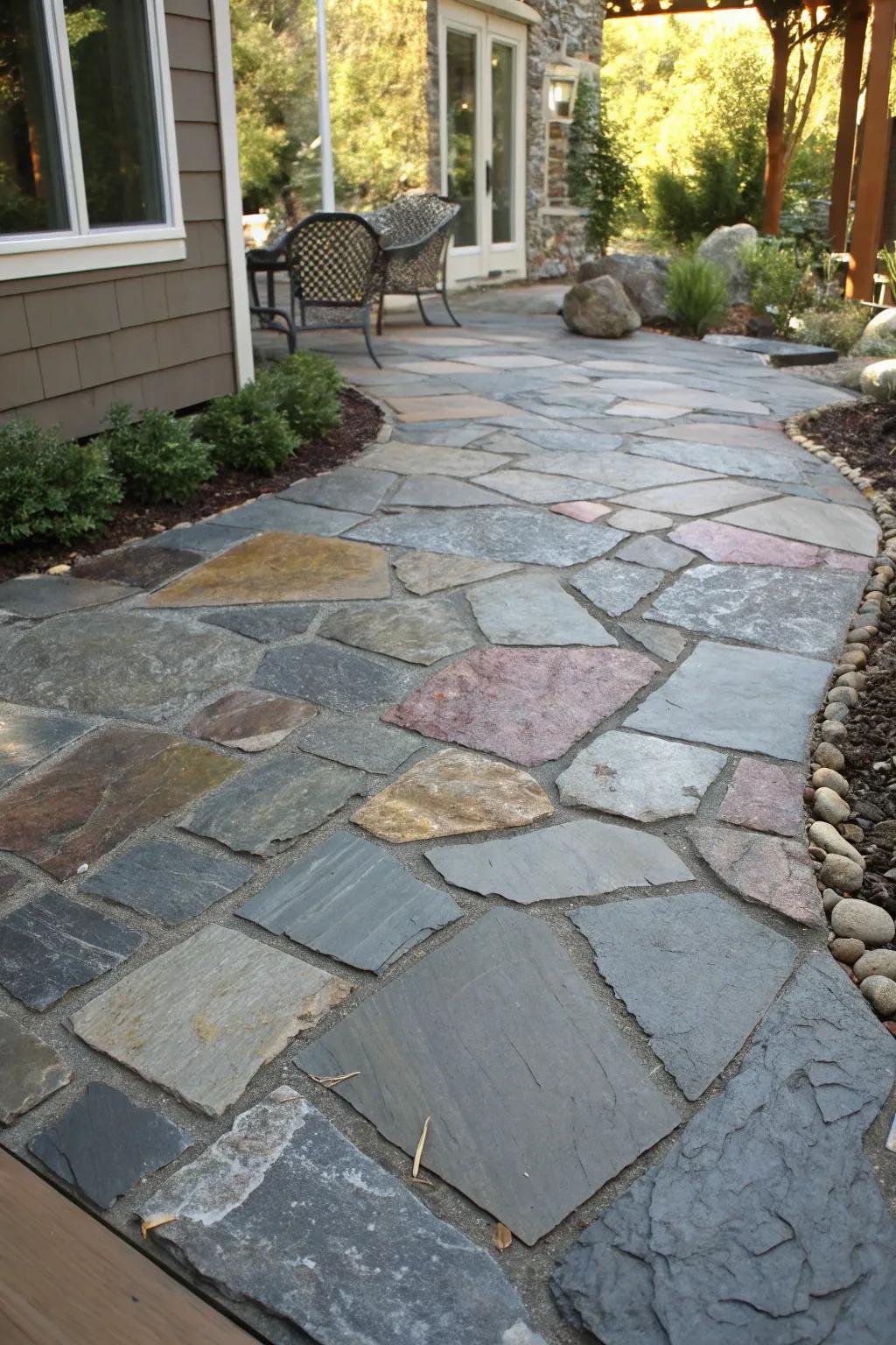A slate patio with a creative random stone layout.