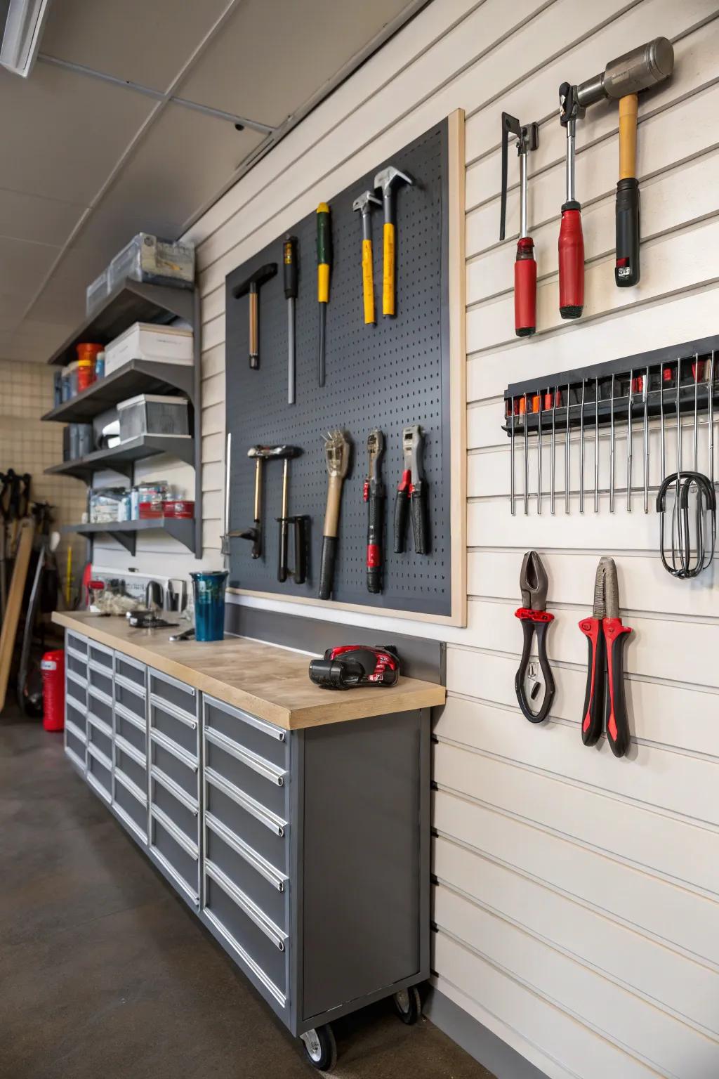 A slatwall converts a messy tool area into an organized tool area.