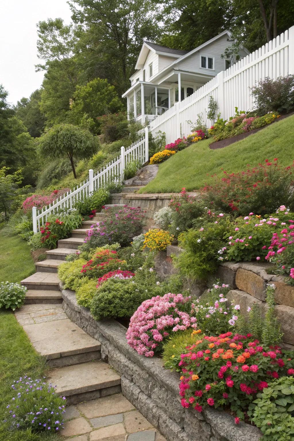 Terraced landscaping yields an energetic and functional inclined front garden.