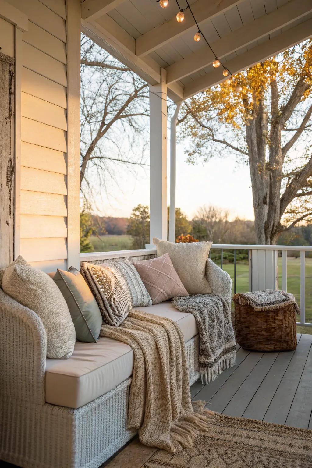 An inviting seating arrangement on a modest back veranda featuring alluring cushions and wraps.