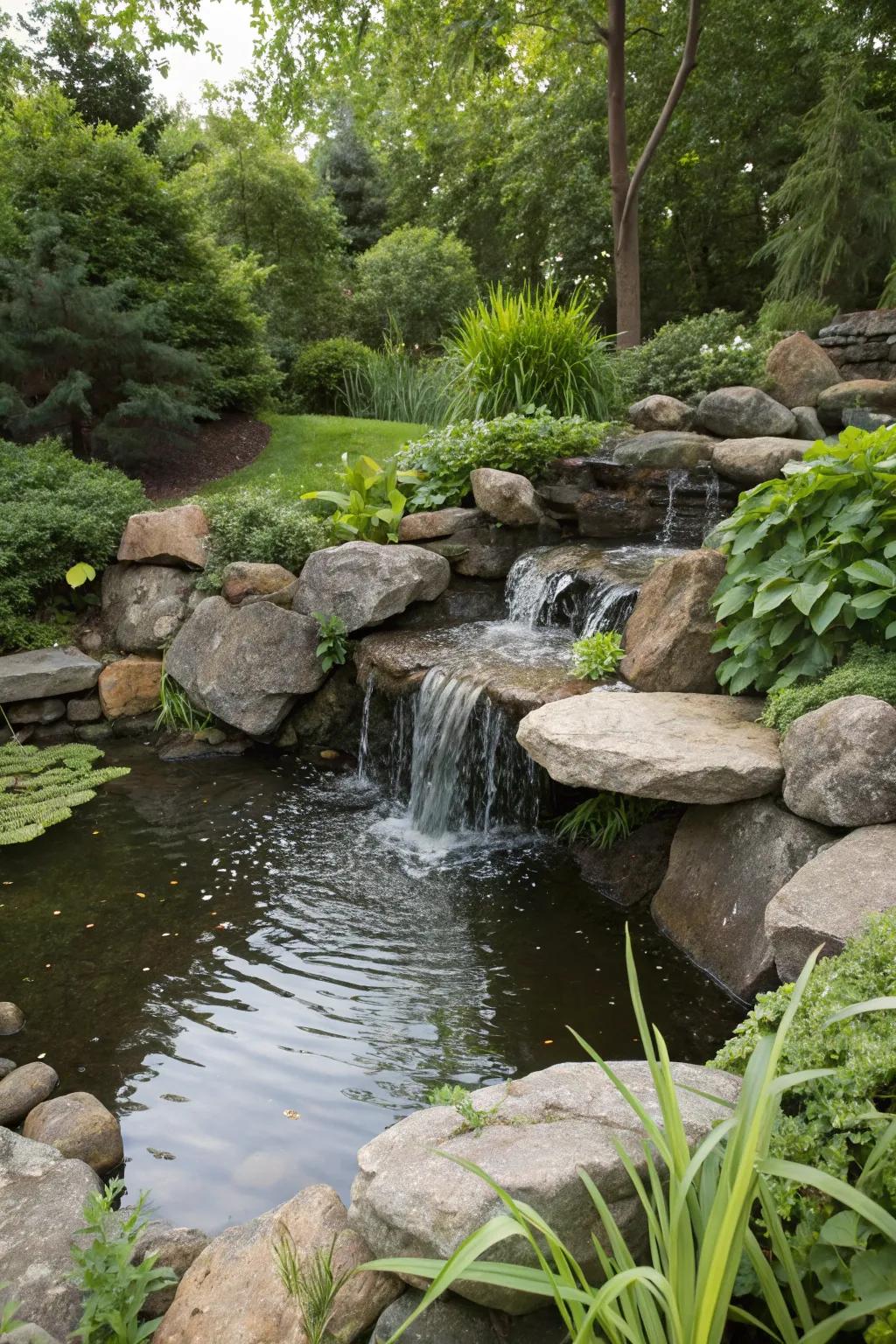 Design a backyard retreat echoing mountain landscapes with a cascade of natural stones.