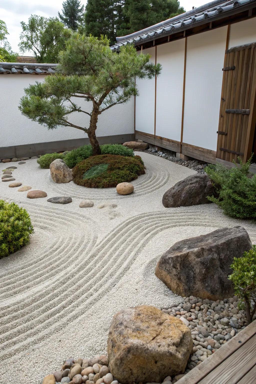 A quaint zen garden showcases exquisitely arranged gravel and ornamental stones.
