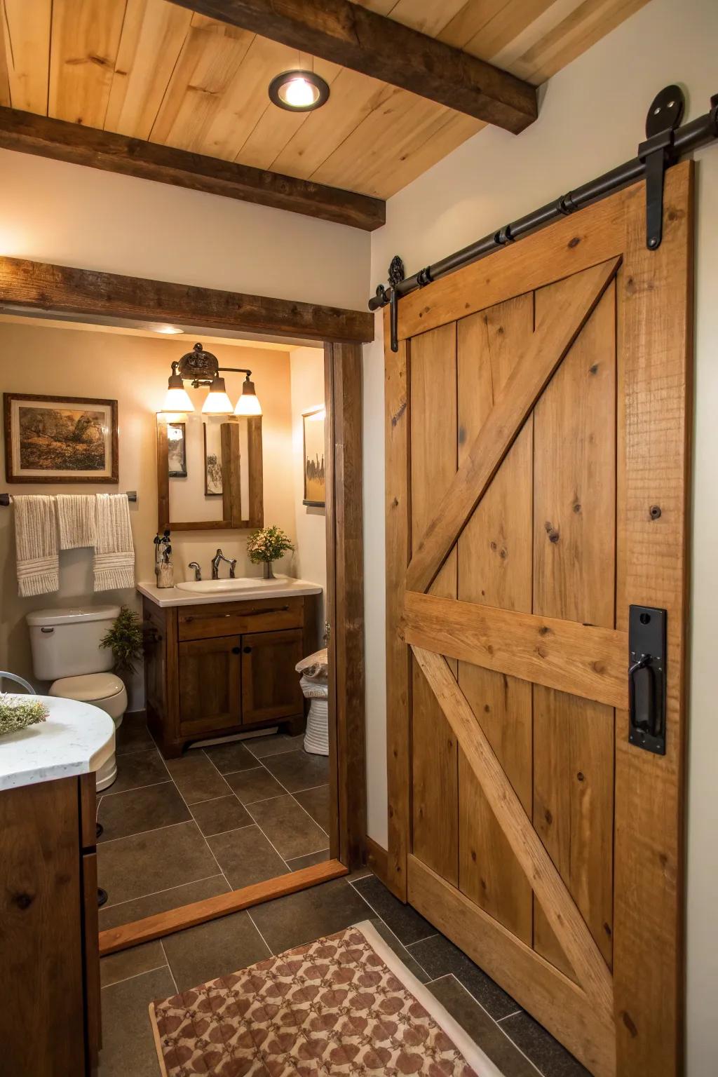 A barn-style sliding door introduces rustic charm to a confined bathroom.