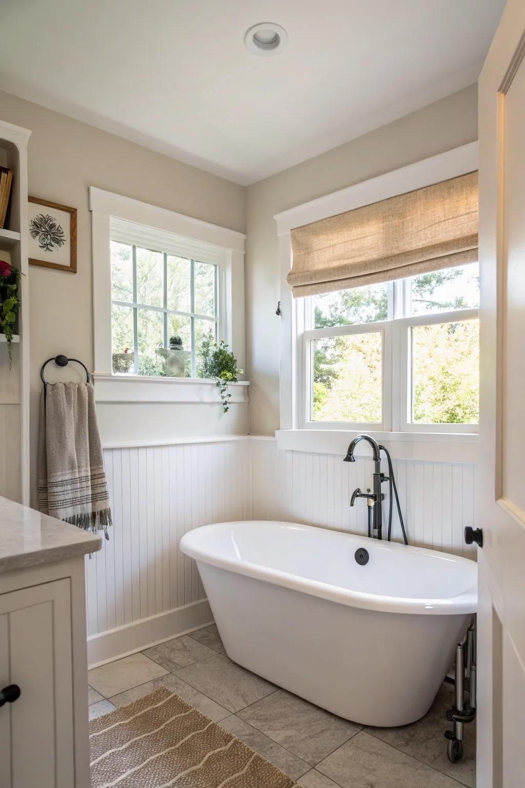 A small stand-alone tub introduces extravagance into a compact space.