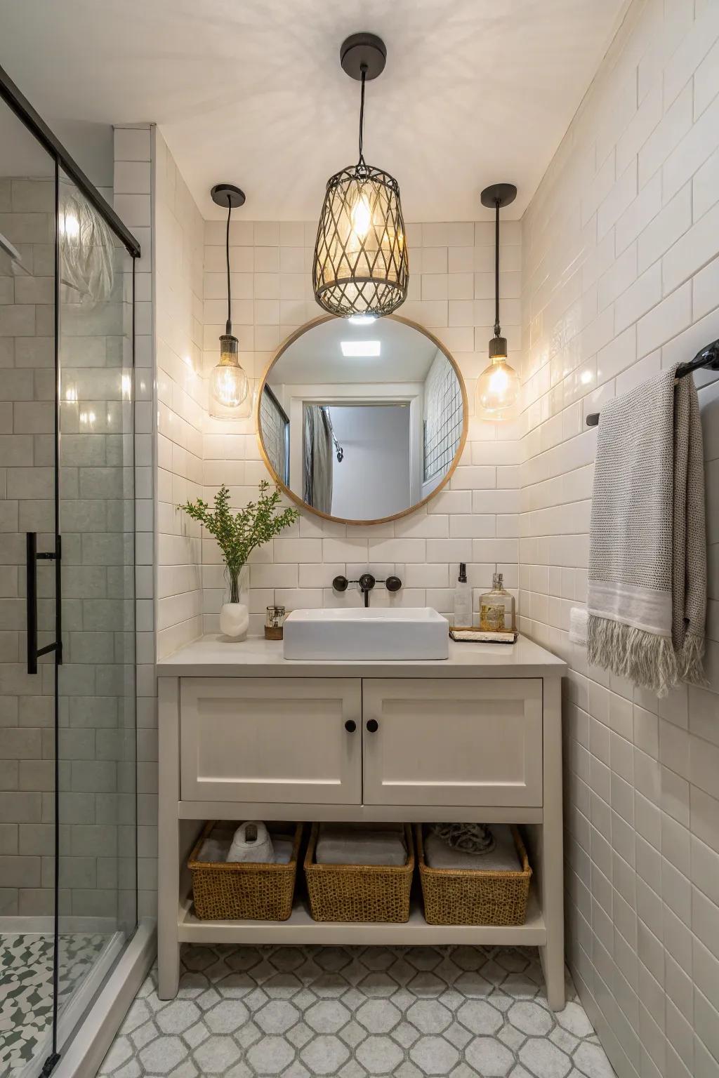 A pendant luminaire enhancing the allure of a small bathroom.