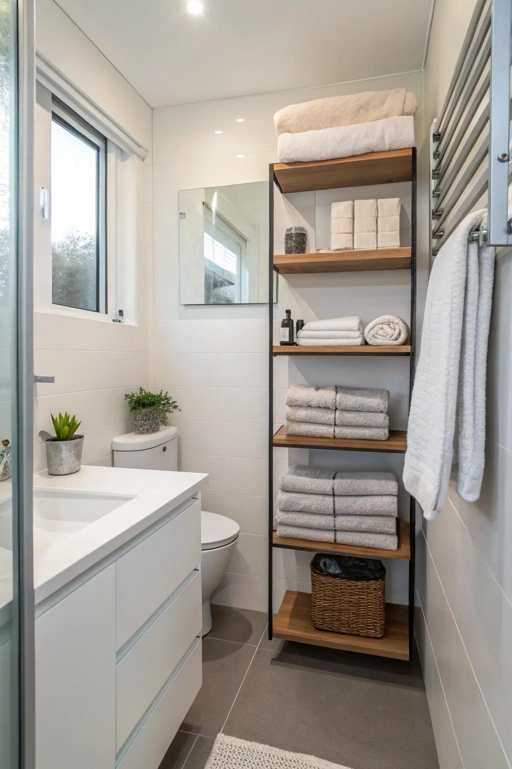 Maximize vertical space with wall-mounted shelves for towel storage.