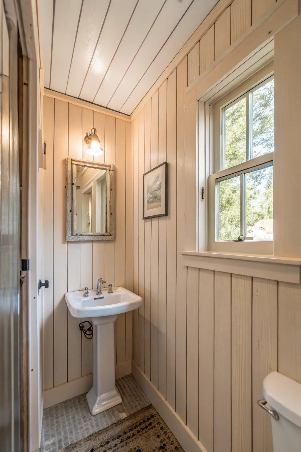 Vertical plank paneling graces a compact bathroom, conjuring a sensation of enhanced height and spaciousness.