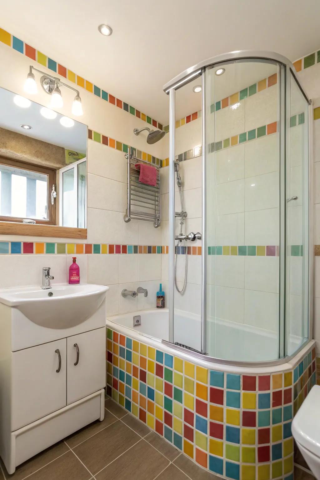 A corner tub improves the use of space in a small bathroom.