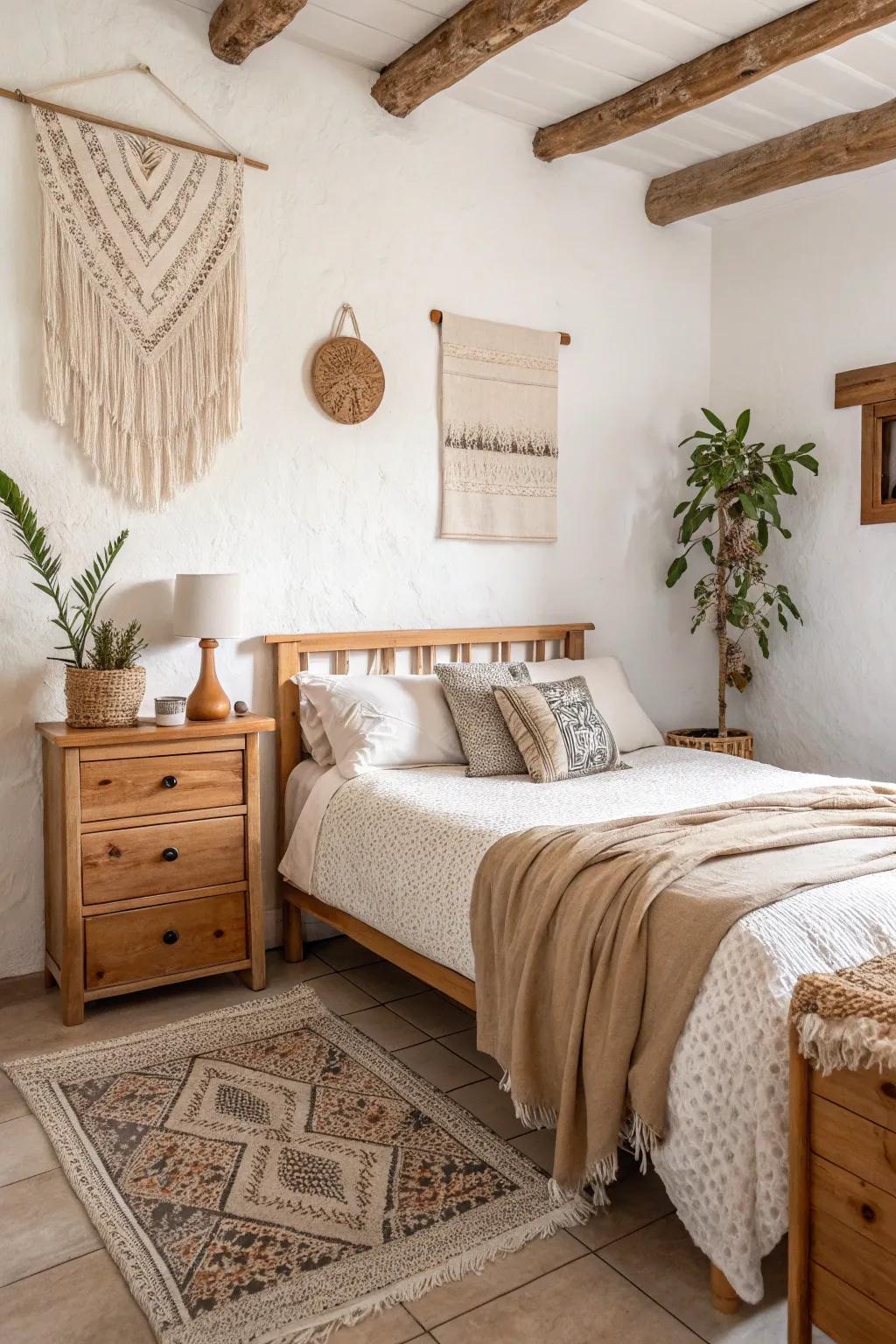 Soft and natural colors craft a peaceful backdrop in this cozy boho bedroom
