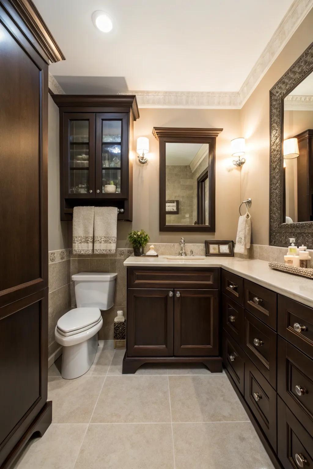 Dark brown cabinets enhance the sophistication of a small bathroom.