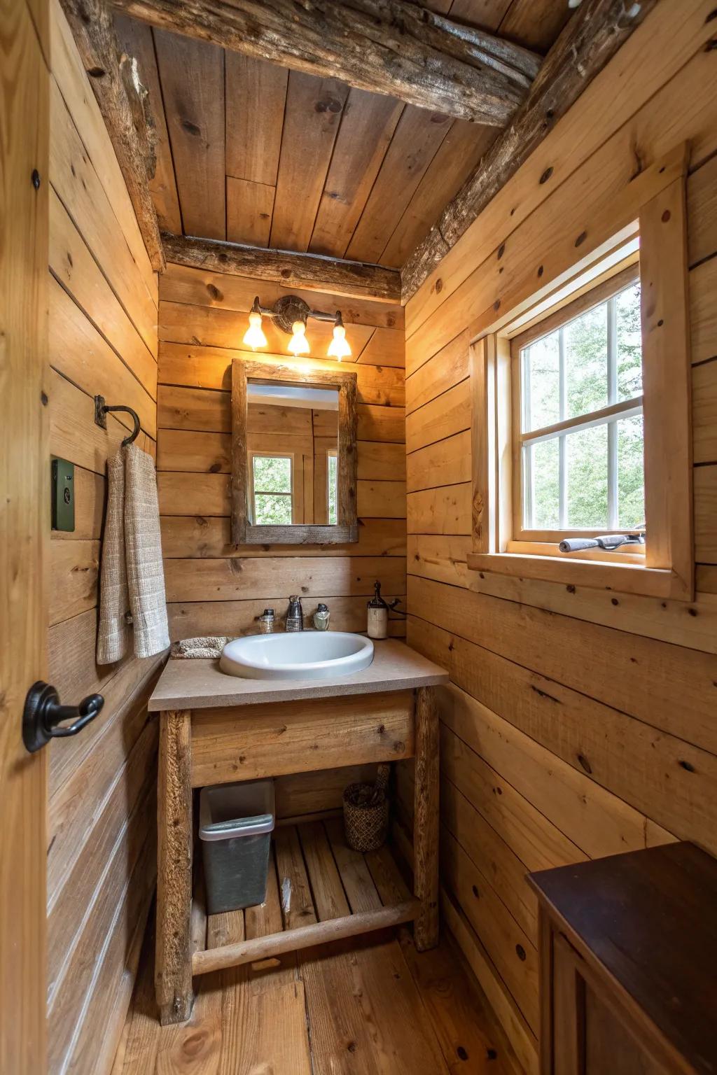 Reclaimed wood walls bring warmth and personality to the bathroom.