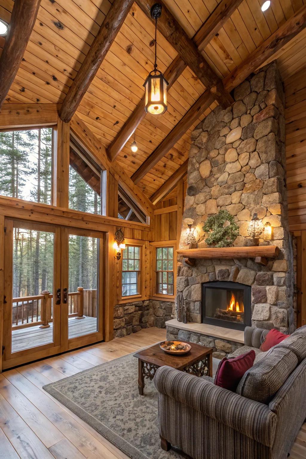 A quaint cabin displaying exposed timber supports and accents of natural rock.