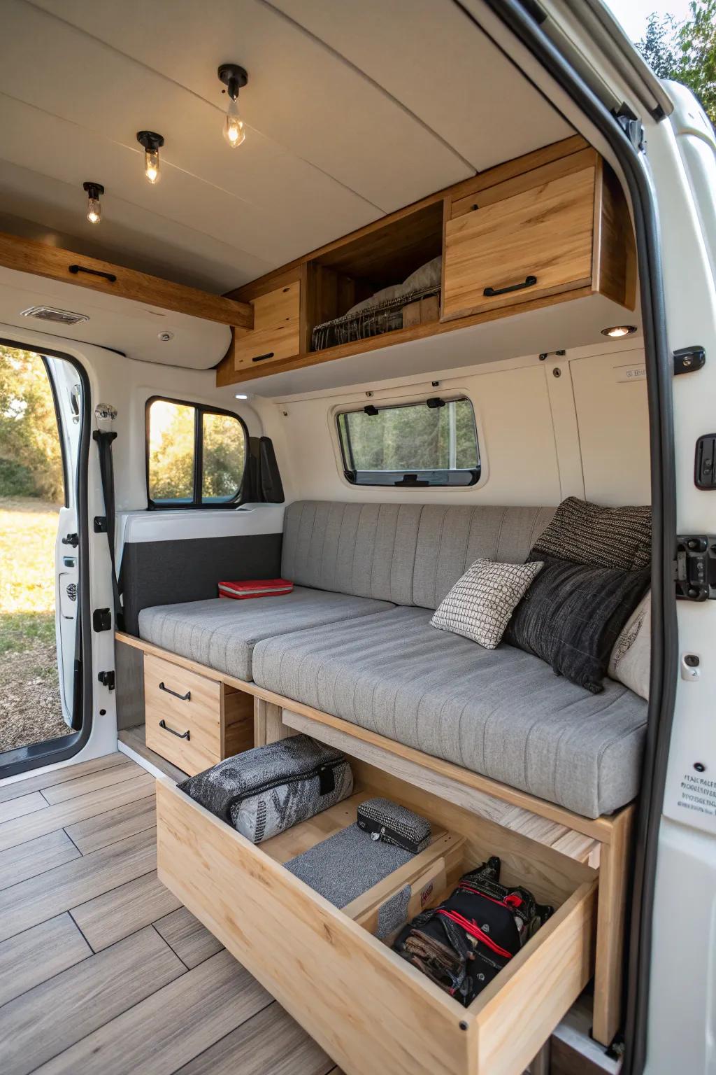A multi-functional couch in a small camper, offering both seating and concealed storage.