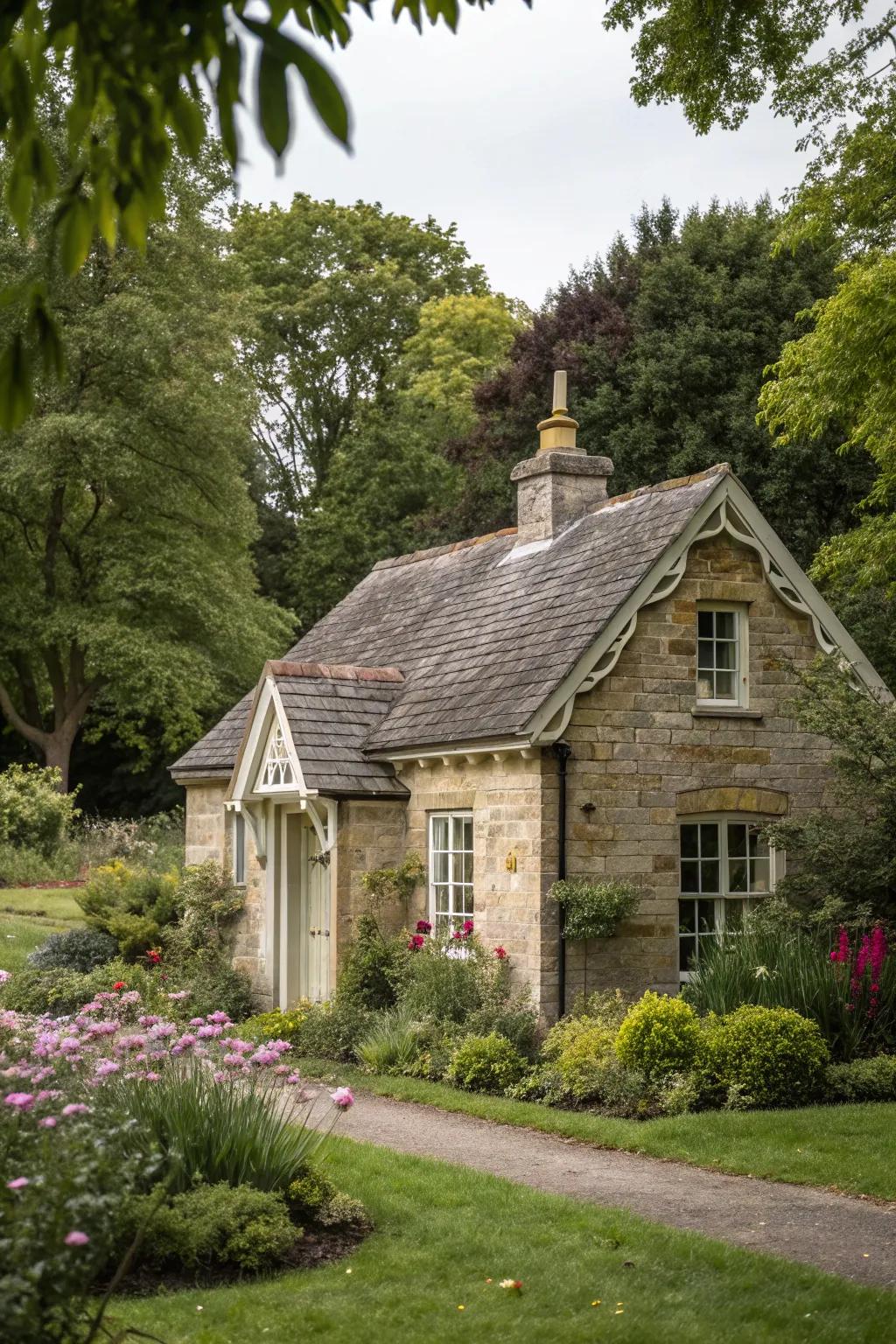A petite stone cottage embraced by verdant foliage.