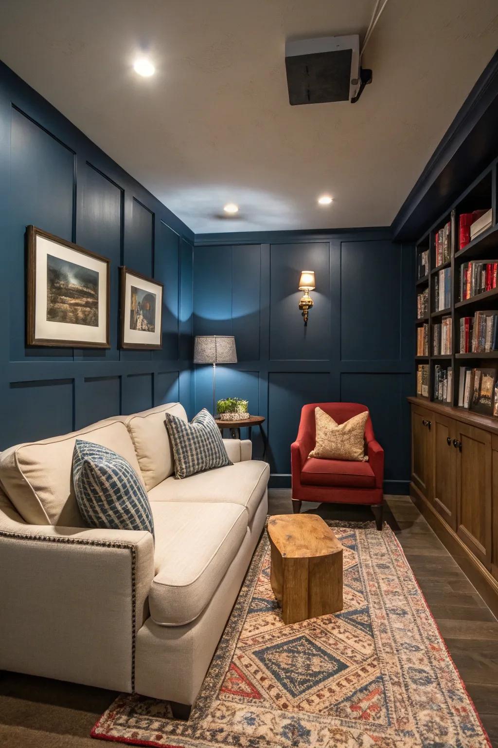 Striking wall colors contribute depth to a small den.