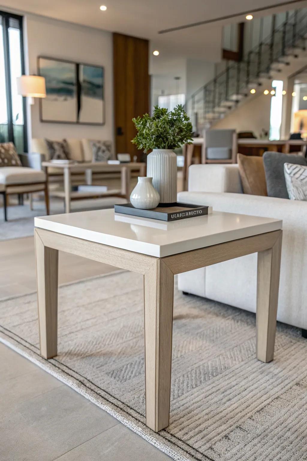 A minimalist end table exudes refinement in a modern living space.