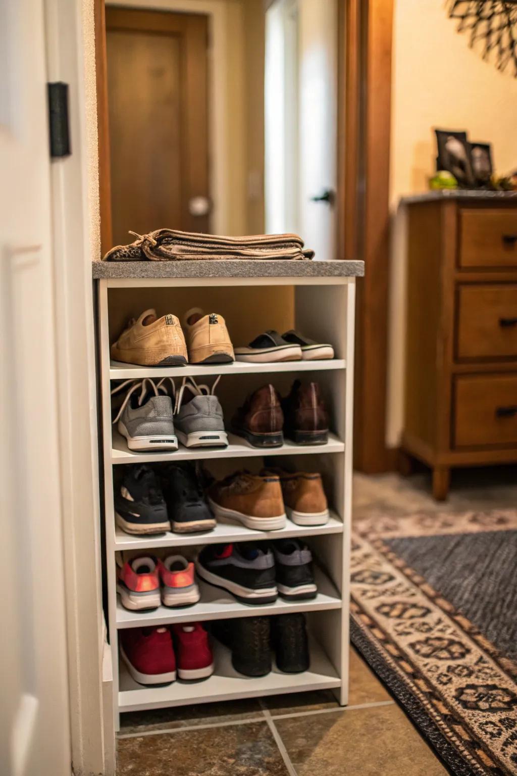 Tiered shelving solutions provide effective footwear storage in confined areas.