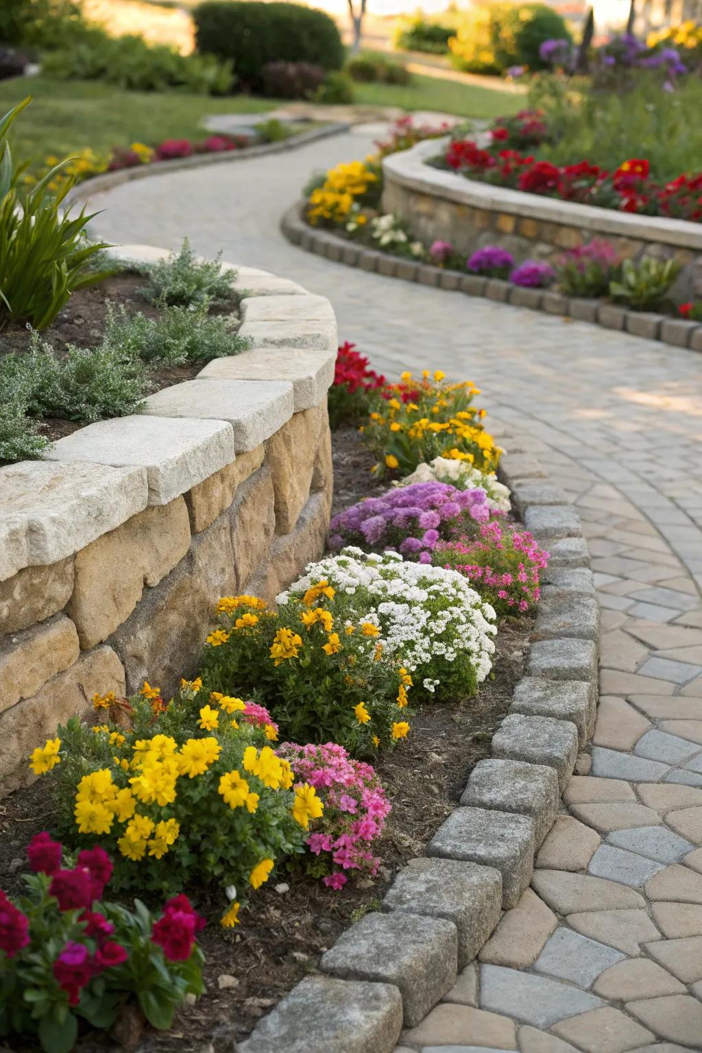 An enchanting, petite flower bed accentuated by graceful, curved stone borders, teeming with radiant blossoms.