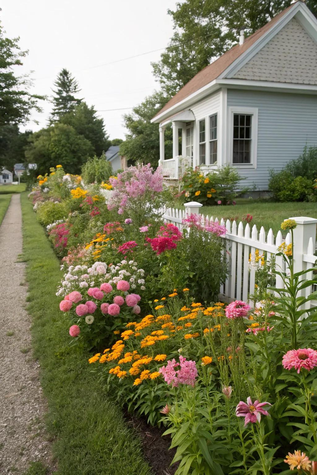 Perennials enrich a compact front yard with vibrant color.