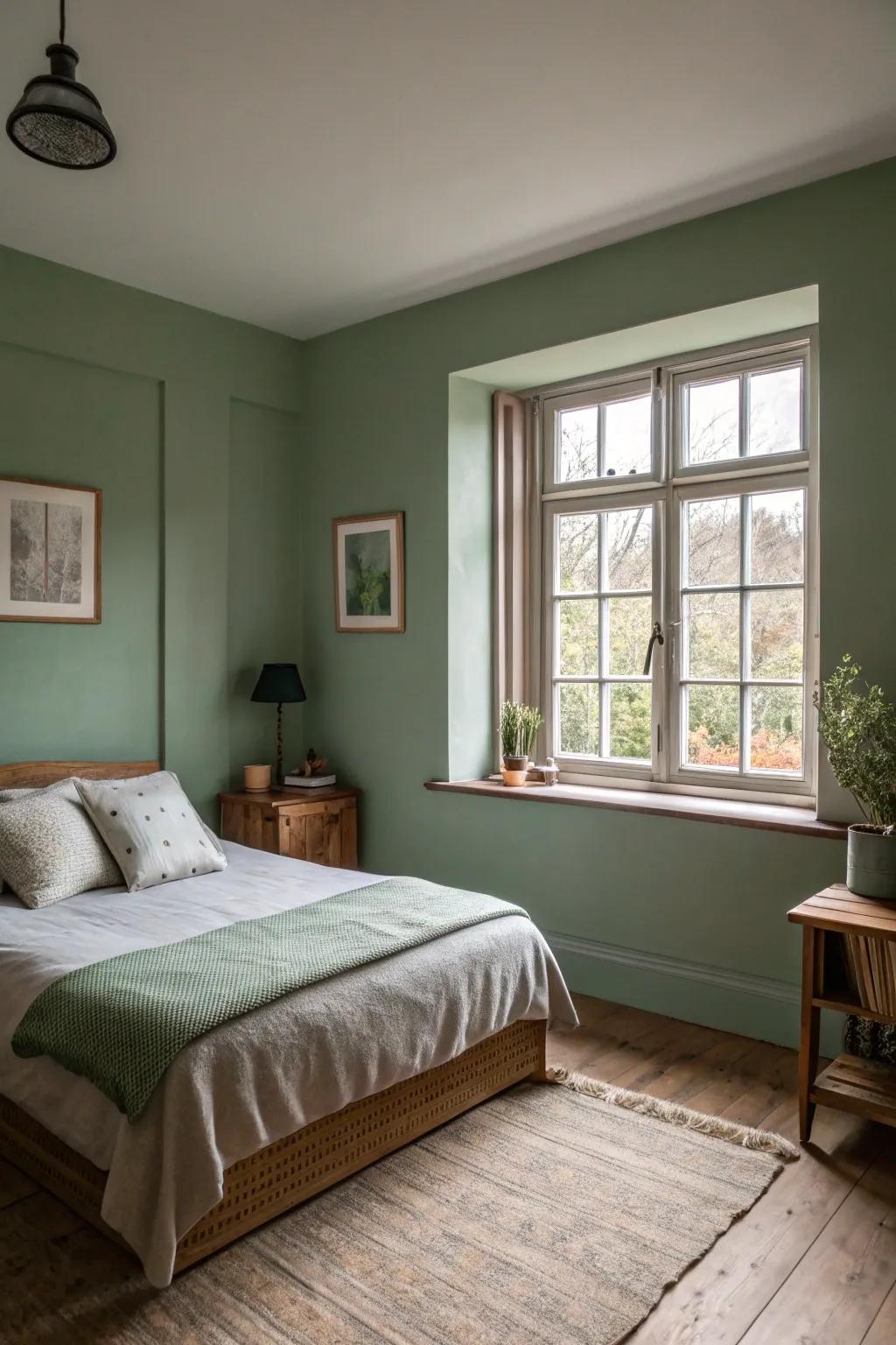 Herbaceous walls establish a peaceful setting in a modest bedroom.