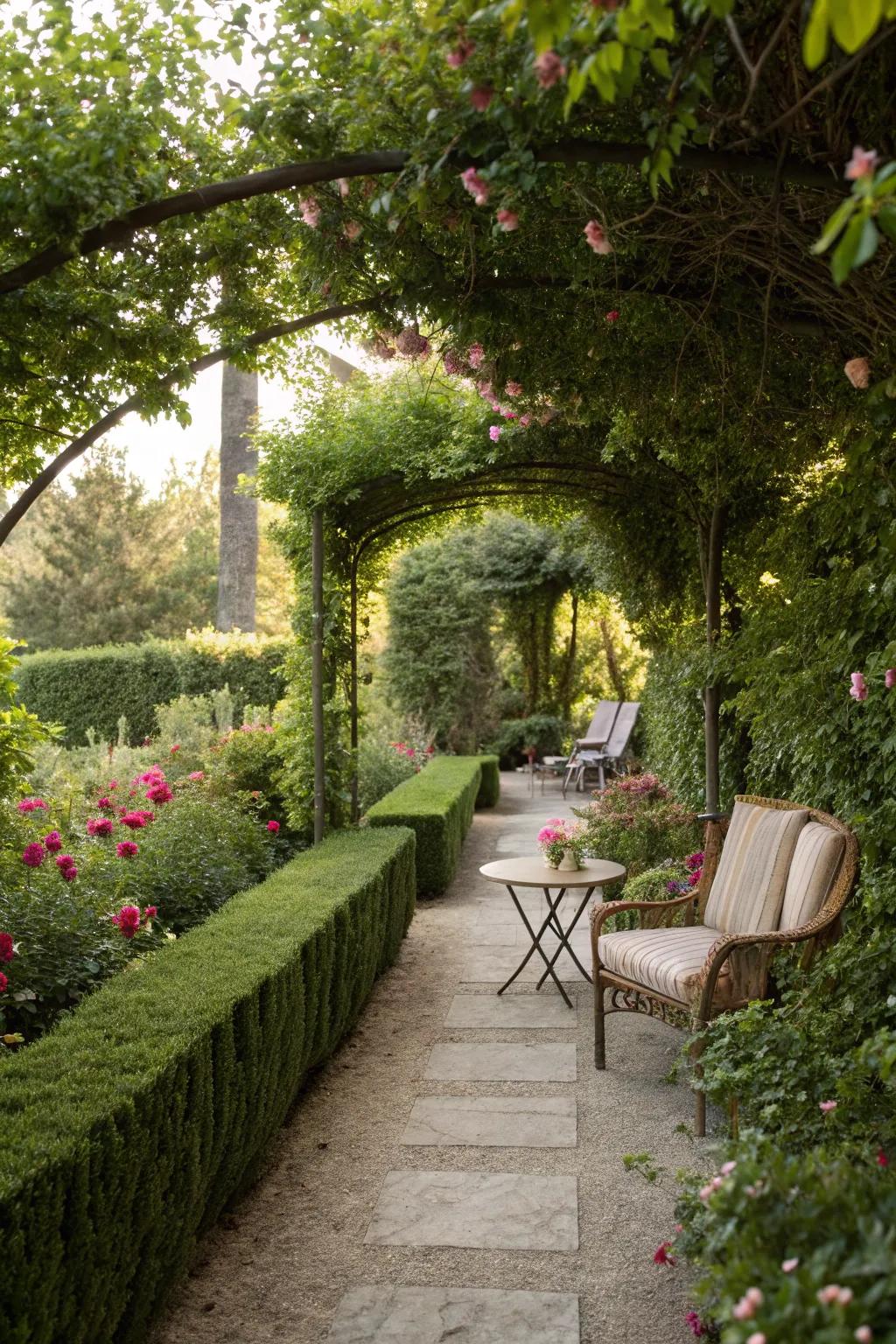 Understated hedges gracefully accentuating a garden path.
