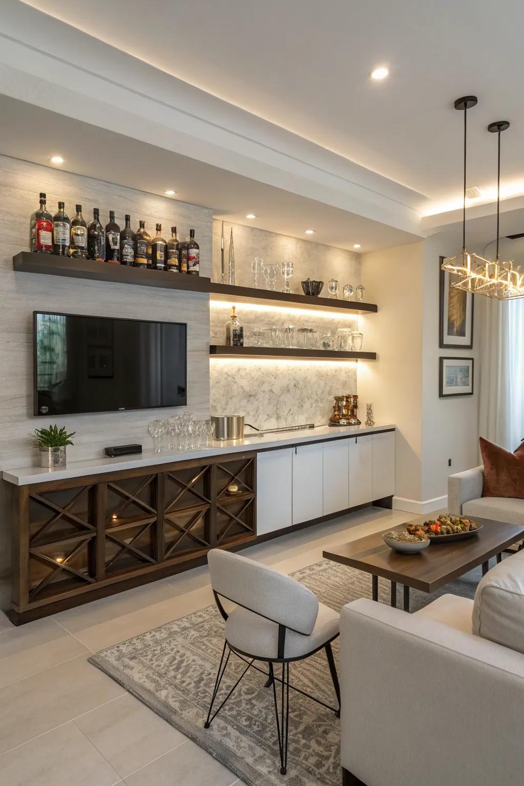 A corner bar ensemble introduces refinement and utility to otherwise unused spaces.