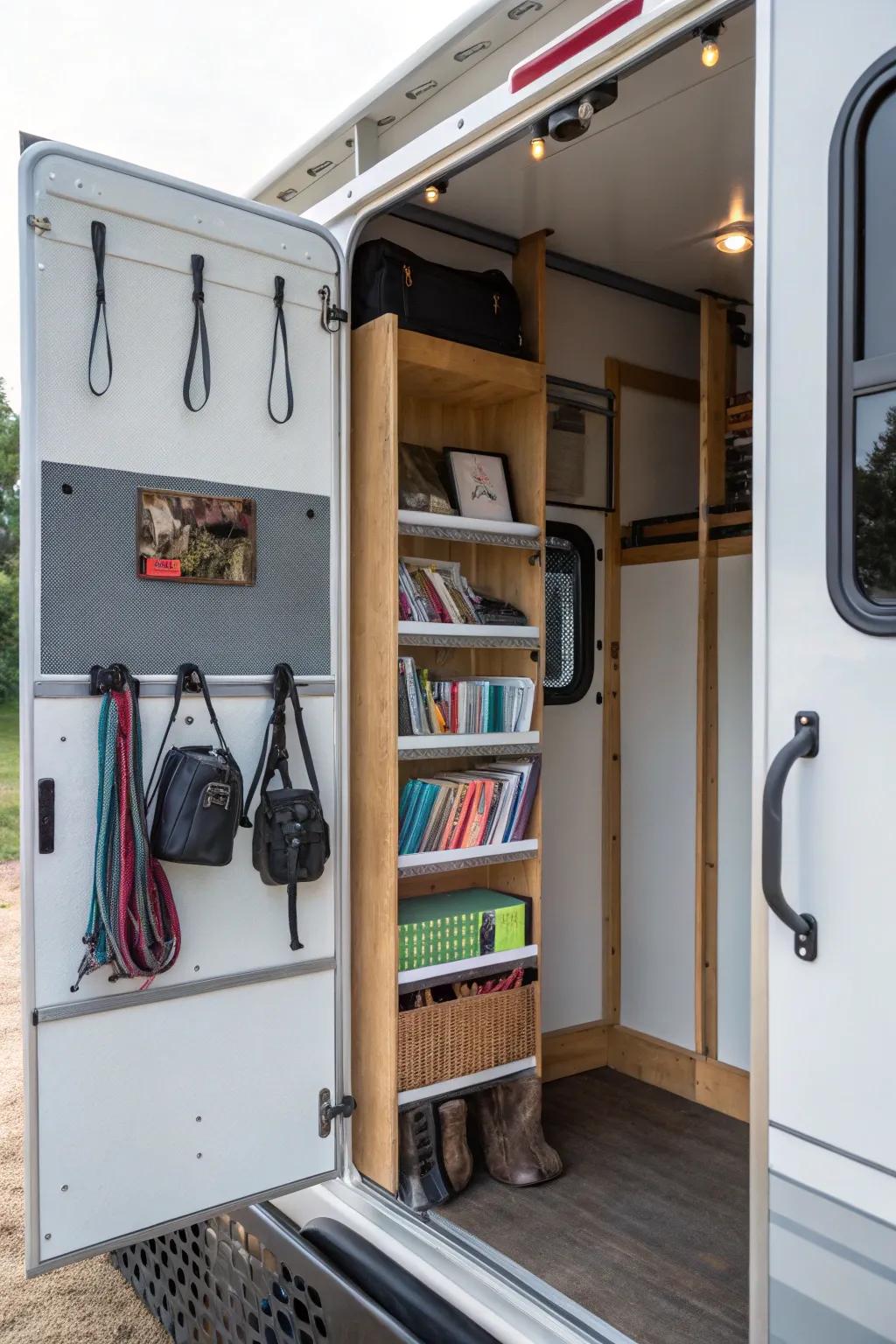 Enhance your available area by capitalizing on vertical storage through the use of shelves and hooks.