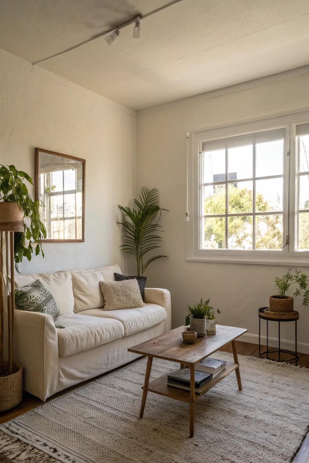 A small living room with off-white walls creating a spacious atmosphere.