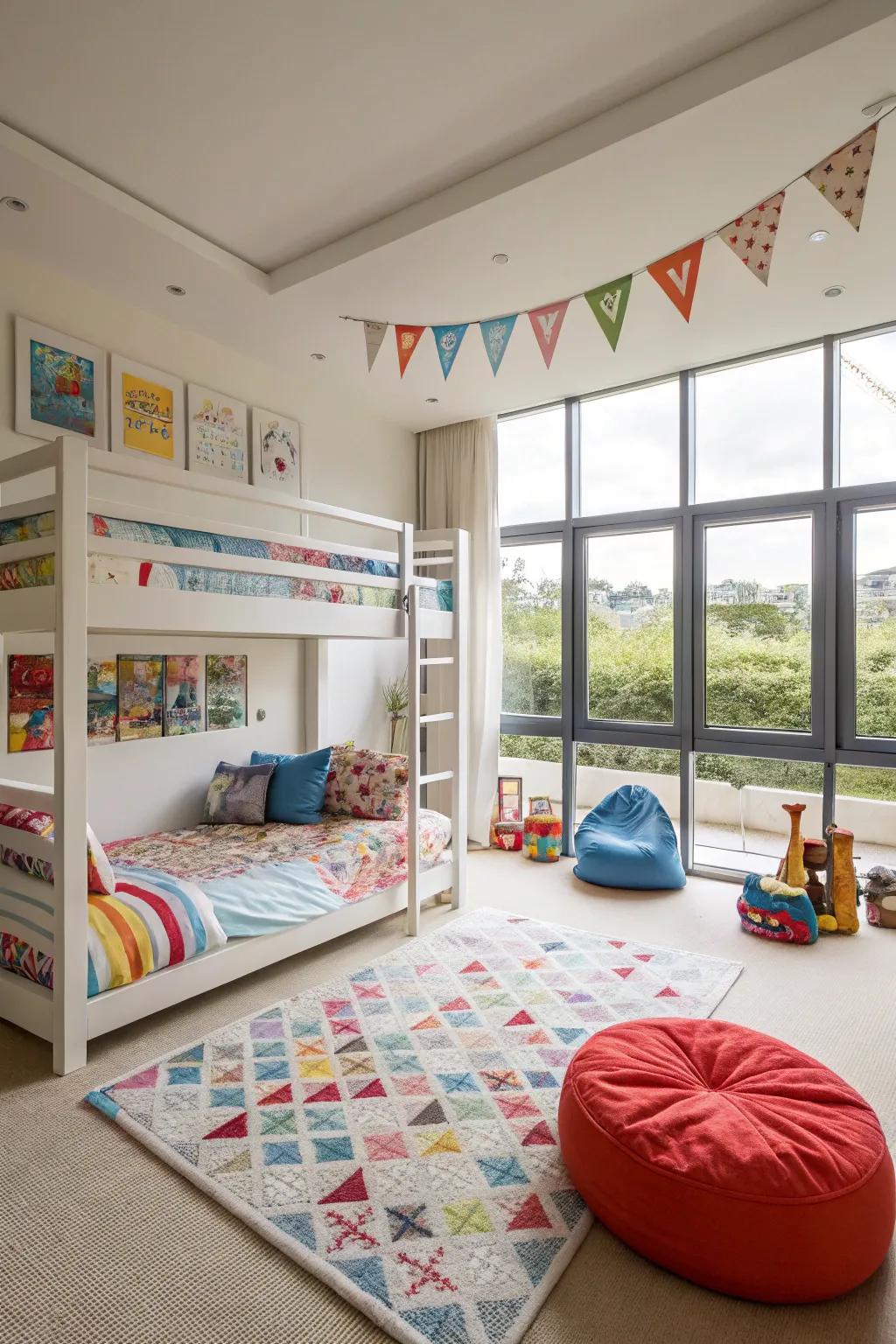 Multi-level beds liberate floor area, making room for more activities in a small kid's room.