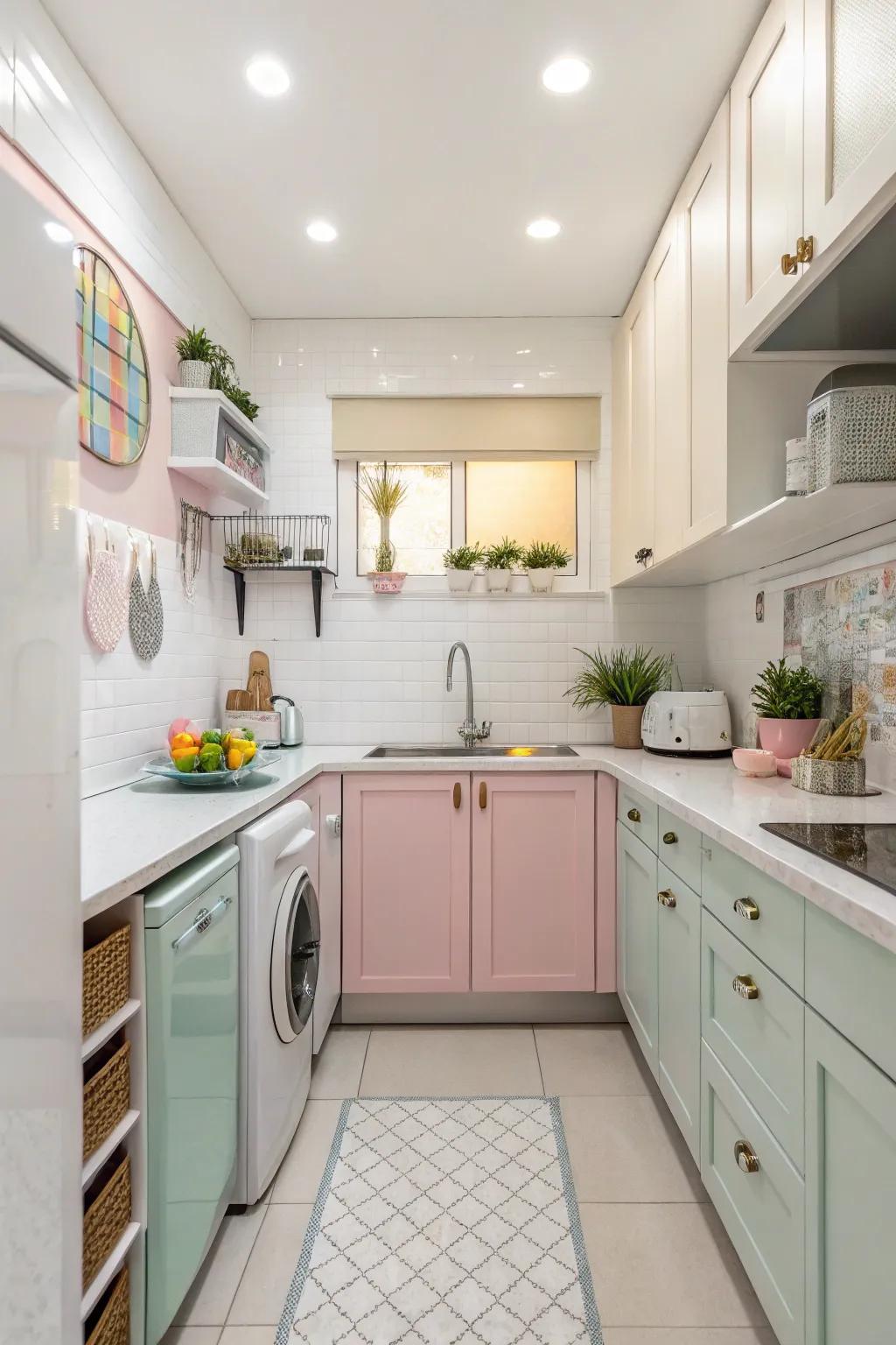 A petite kitchen achieving a feeling of openness through its selection of radiant and airy colors.
